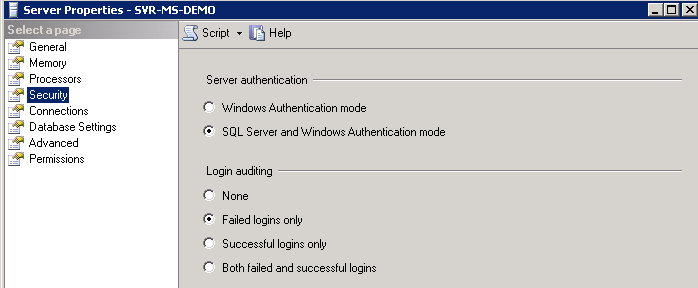 SQL Server and Windows authentication Mode. Script generic